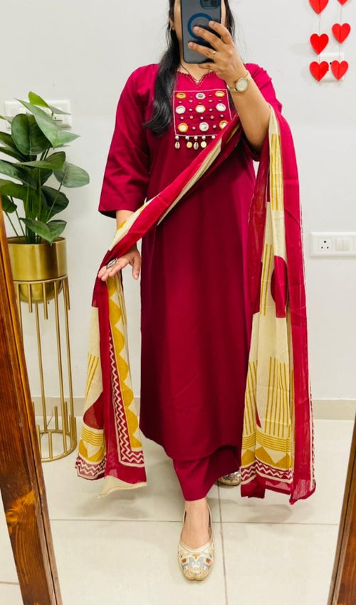 Classic Red Mirror Work Straight Kurta Set with Shell Detailing & Geometric Print Dupatta