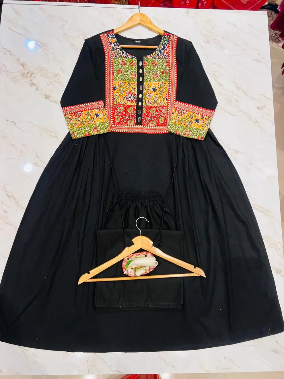 Women's Black Cotton Anarkali Kurta Pant Set with Embroidered Yoke