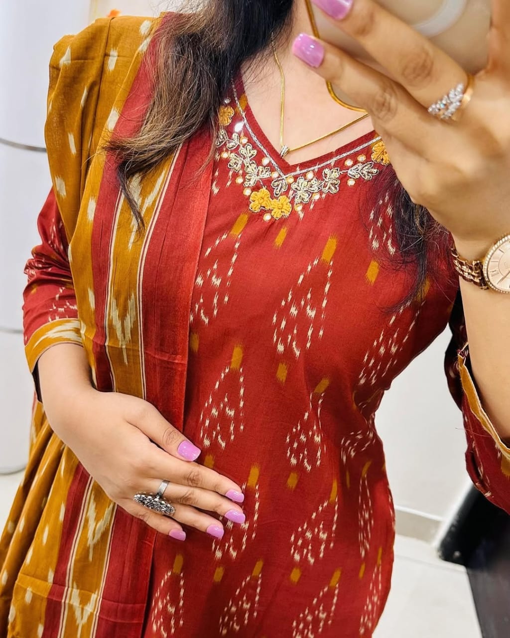 Premium Ajrak Cotton Suit Set – Maroon & Mustard Ikat Print | Kurti, Pant & Dupatta