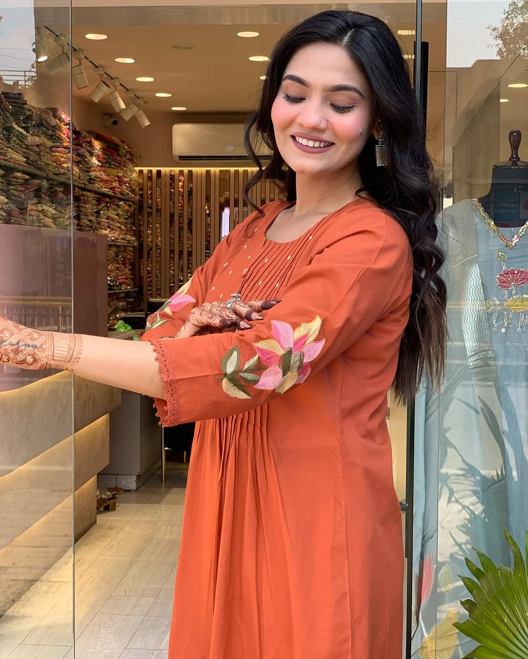 Rust Orange Embroidered Cotton Kurta Set with Dupata