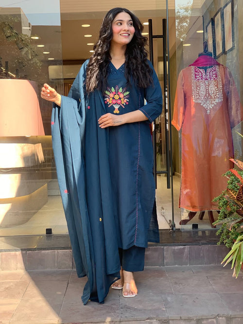 Teal Blue Floral Embroidered Kurta Set with Dupatta
