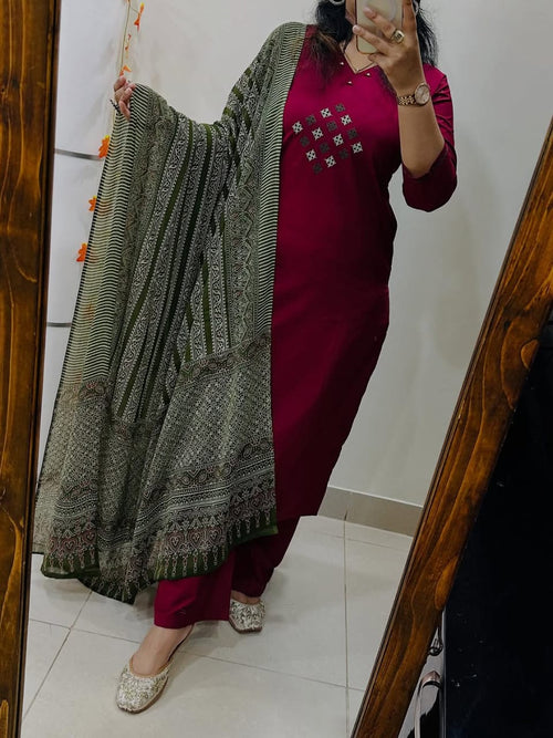 Premium Wine Red Kurti Pant Dupatta Set