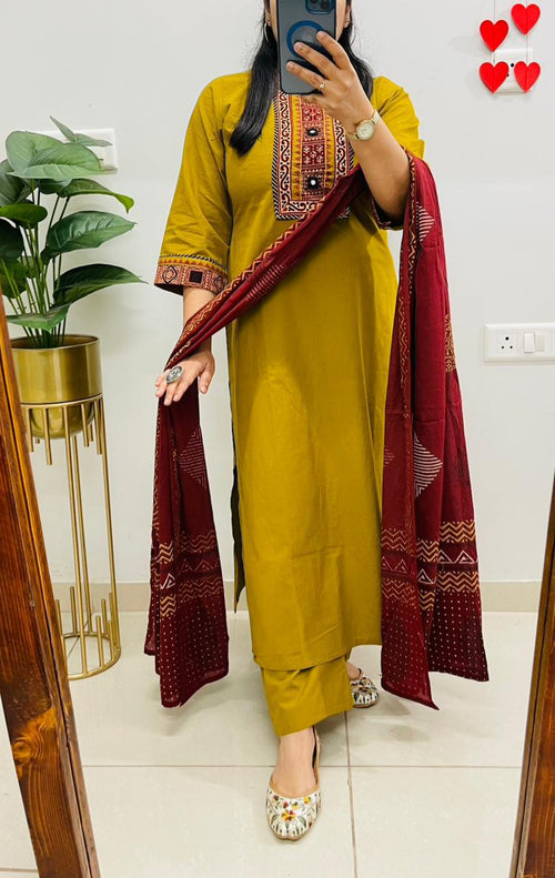 Mustard Embroidered Kurta Palazzo Set with Dupatta for Women