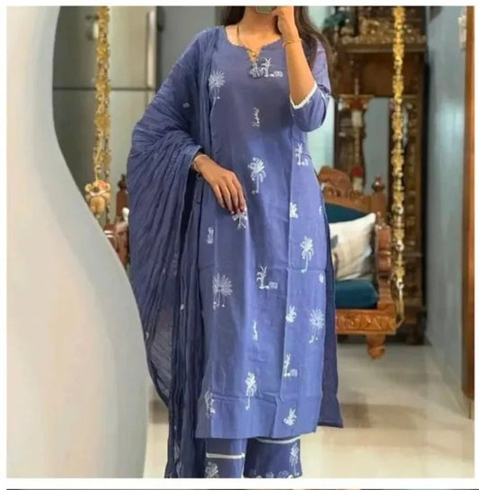 Premium Indigo Blue Cotton Kurti Pant Dupatta Set