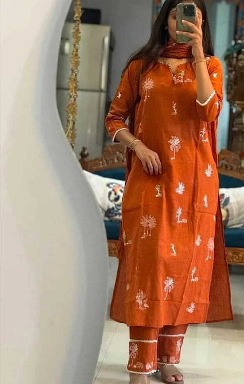 Women’s Orange Embroidered Cotton Kurta Pant Set with Dupatta