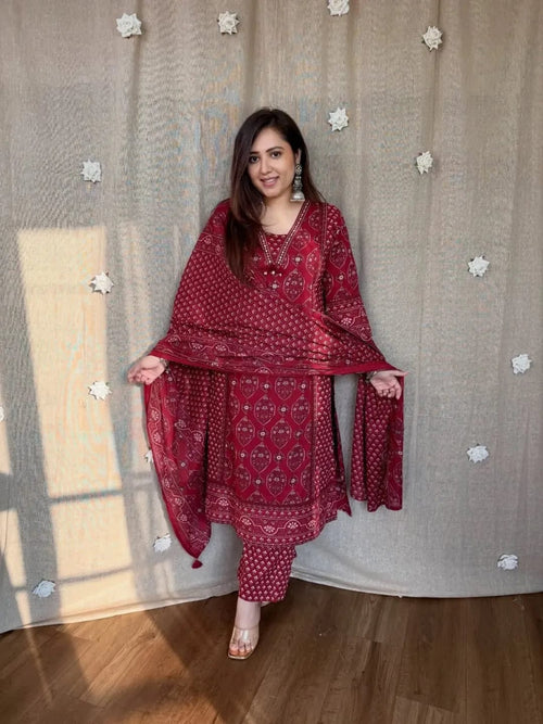 Wine Printed Kurta Pant Set with Dupatta for Women