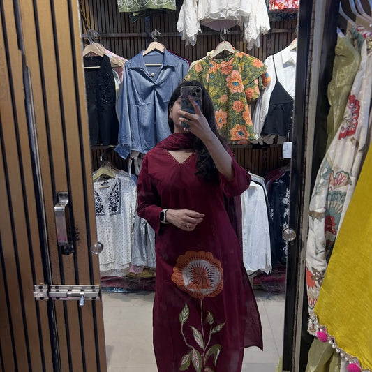 Maroon Floral Work Kurta Set with Dupatta for Women