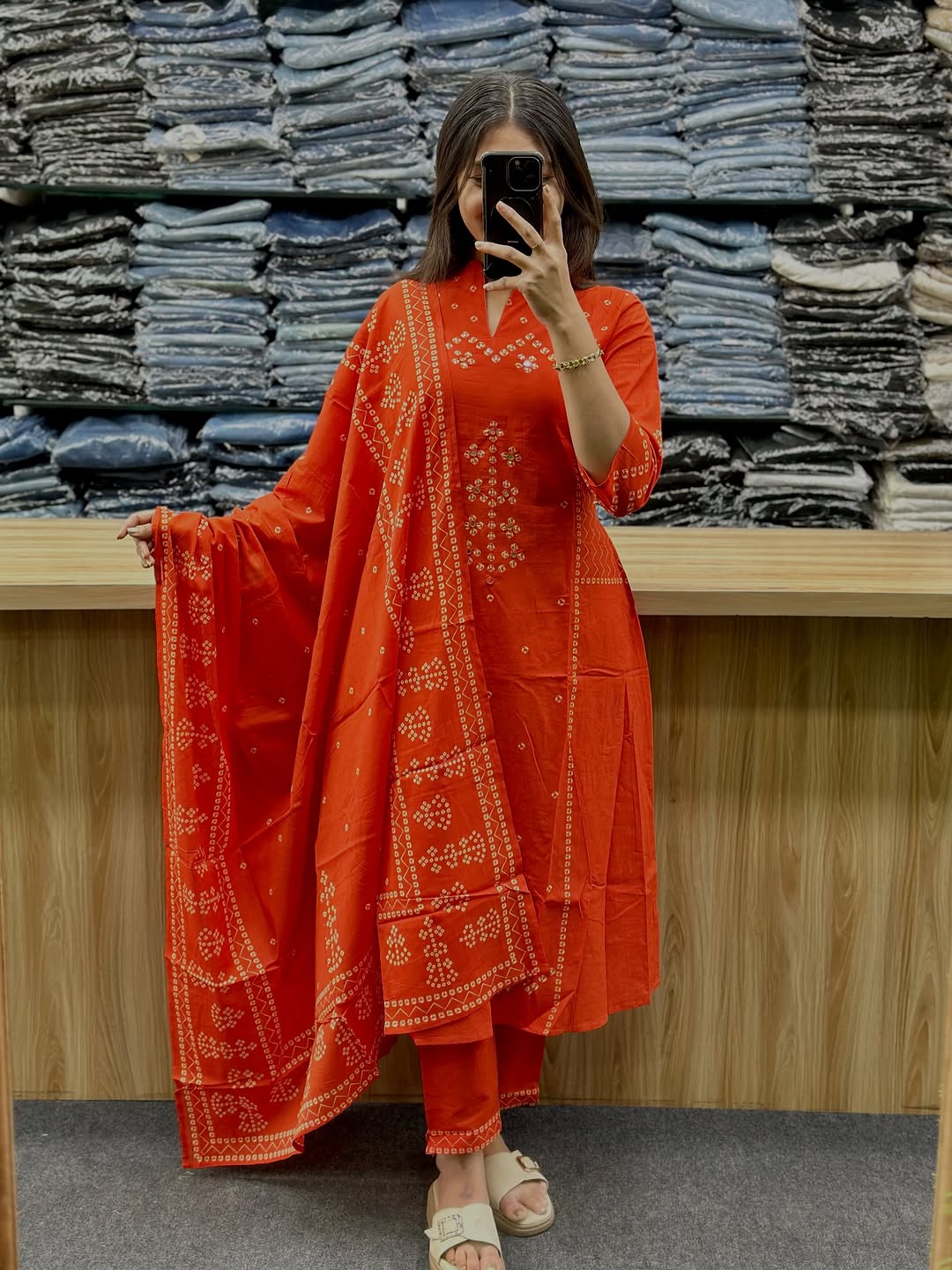 Orange Printed Kurta Pant Set with Dupatta for Women