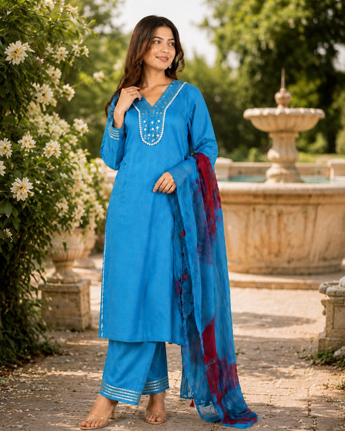 Sky Blue Rayon Kurta Pant Set with Printed Organza Dupatta