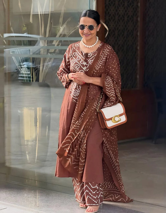 Brown Bandhani Printed Kurta Set with Dupatta