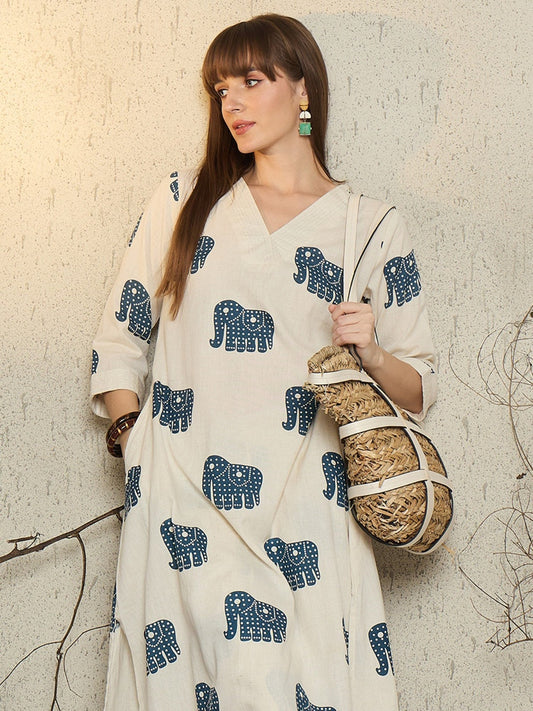 Off-White Cotton Elephant Print Kurta Palazzo Set