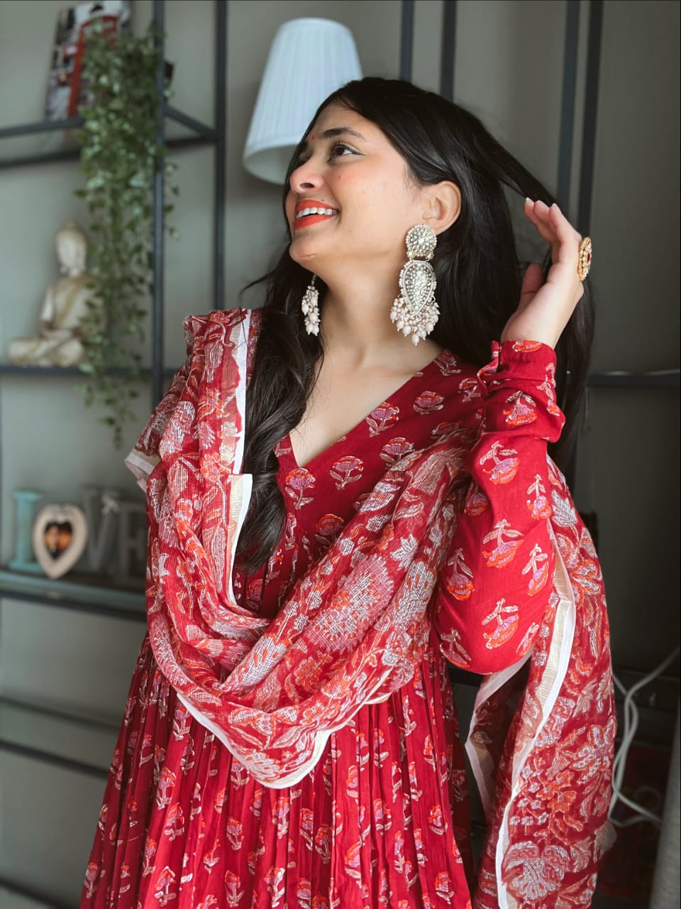 Red Floral Printed Cotton Kurta Pant Set with Dupatta for Women
