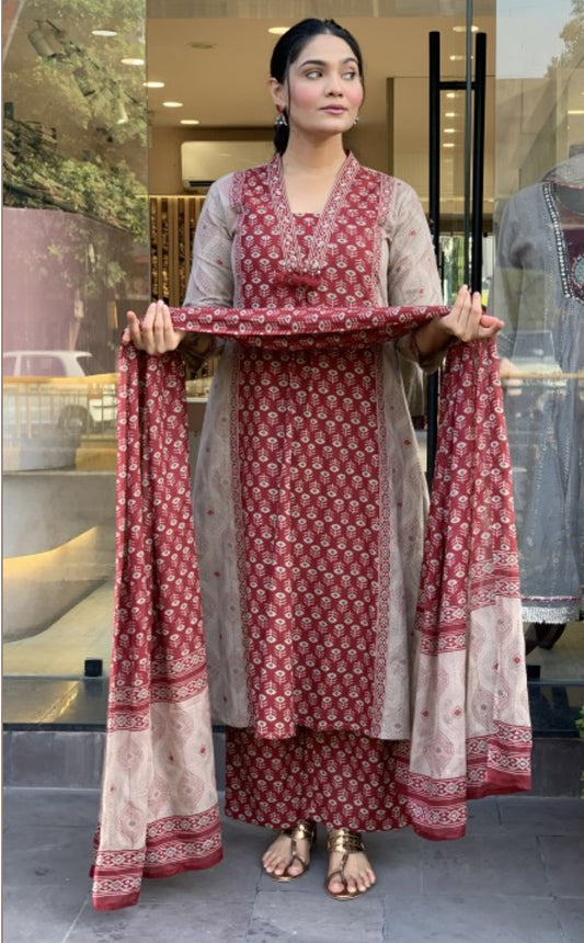 Maroon Printed Kurta Pant Dupatta Set