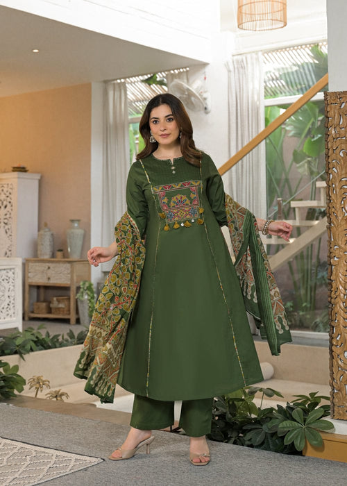 Olive Green Embroidered Kurta Pant Dupatta Set