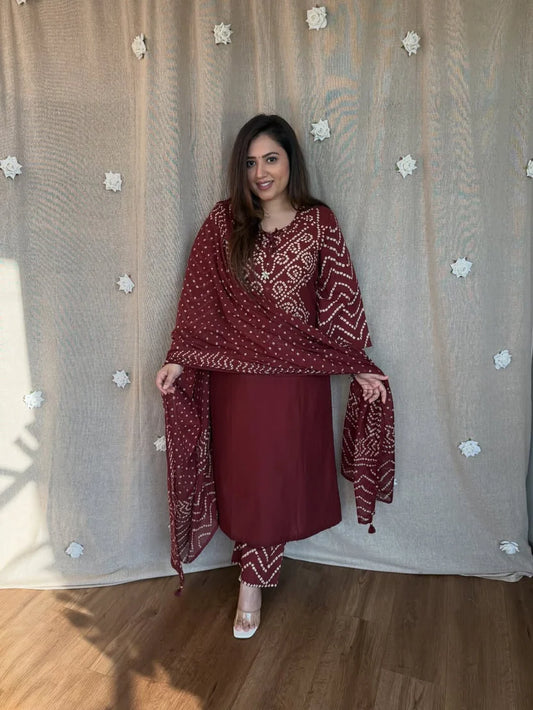 Maroon Bandhani Kurta Set with Dupatta for Women