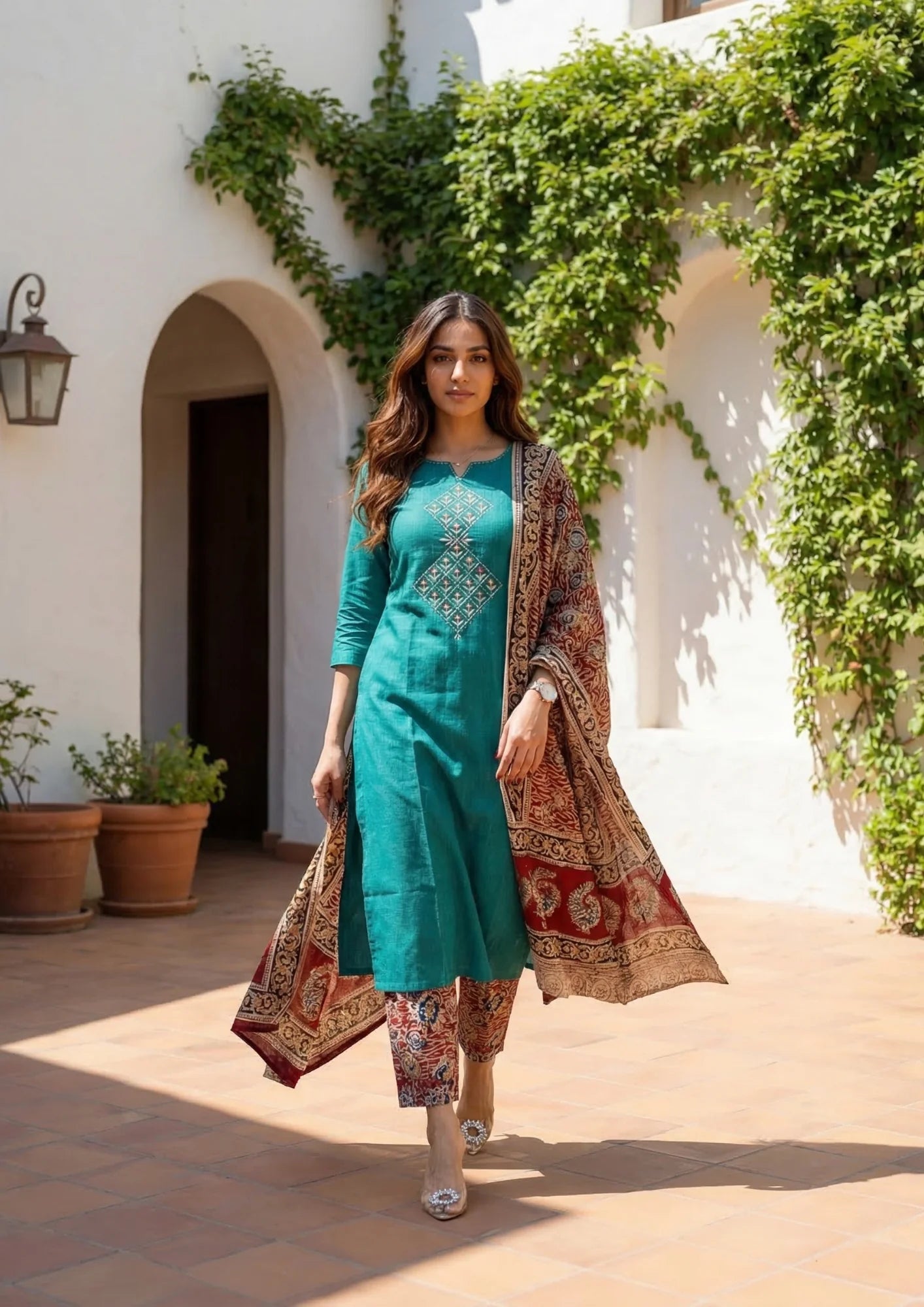Handloom South Cotton Embroidered Kurta Set | 3-Piece Suit with Mulmul Dupatta | Ethnic Wear for Women