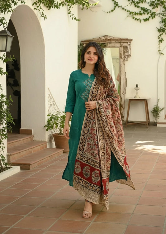 Handloom South Cotton Embroidered Kurta Set | 3-Piece Suit with Mulmul Dupatta | Ethnic Wear for Women