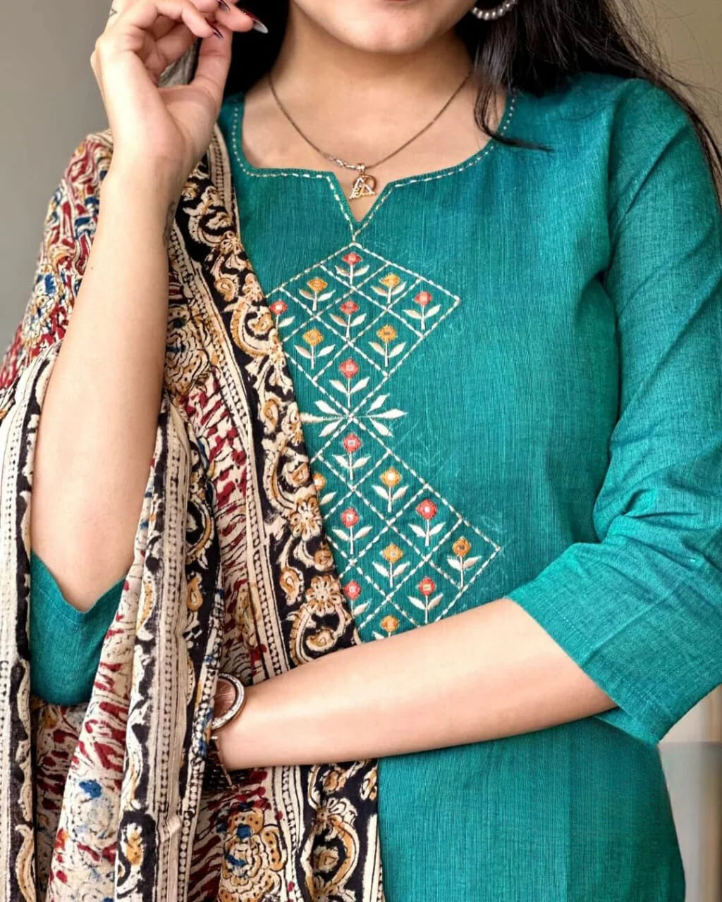 Handloom South Cotton Embroidered Kurta Set | 3-Piece Suit with Mulmul Dupatta | Ethnic Wear for Women