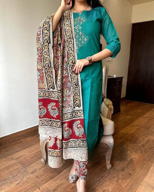 Handloom South Cotton Embroidered Kurta Set | 3-Piece Suit with Mulmul Dupatta | Ethnic Wear for Women