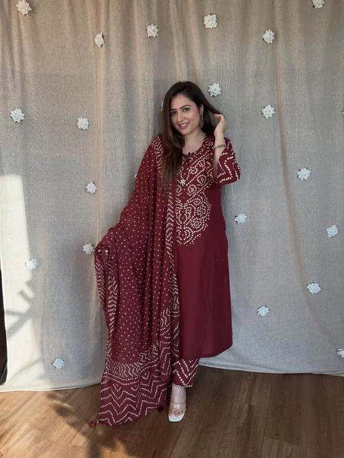 Maroon Bandhani Kurta Set with Dupatta for Women