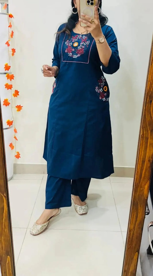 Classic Navy Blue Floral Embroidered Straight Kurta Set with Pants