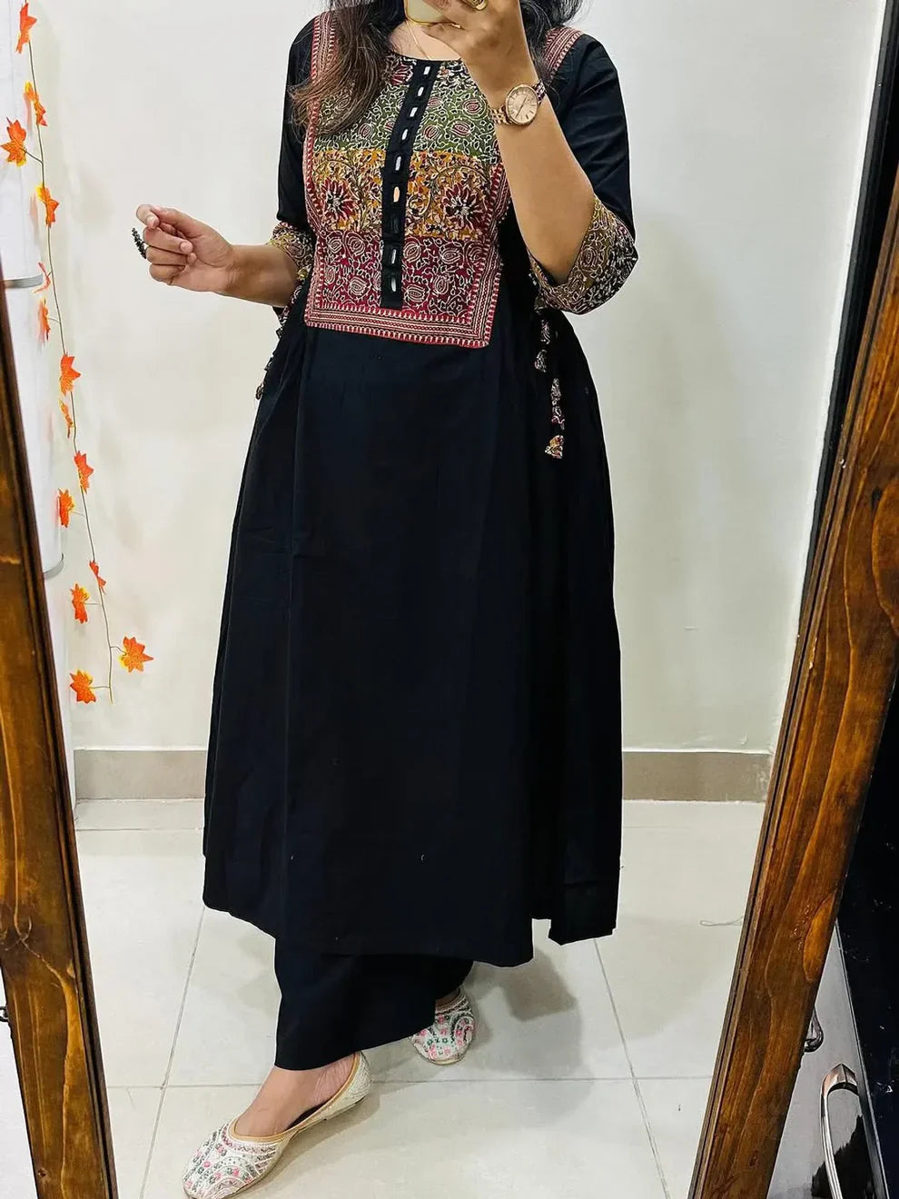 Women's Black Cotton Anarkali Kurta Pant Set with Embroidered Yoke
