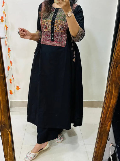 Women's Black Cotton Anarkali Kurta Pant Set with Embroidered Yoke