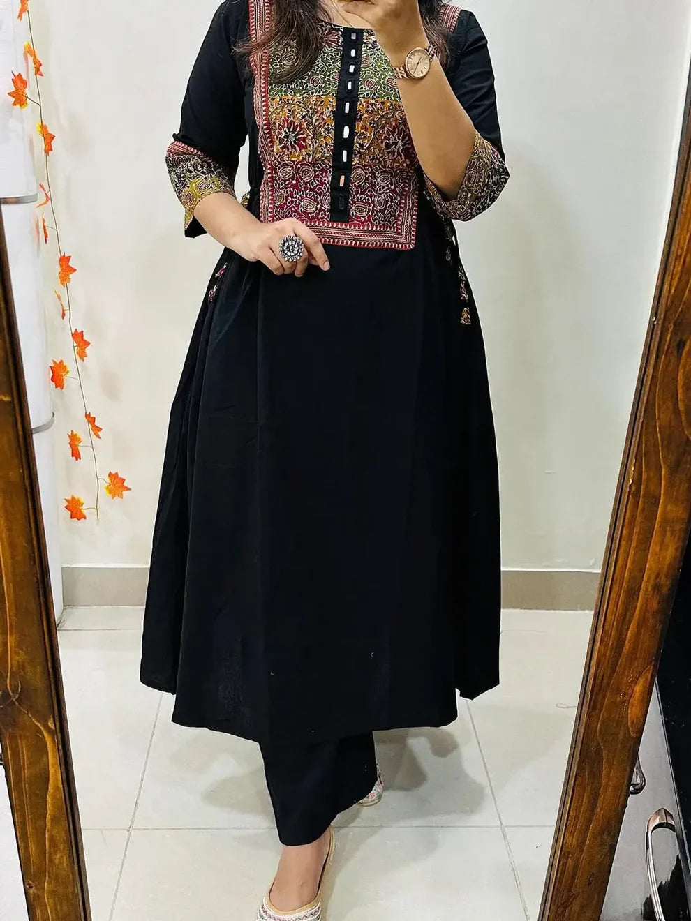 Women's Black Cotton Anarkali Kurta Pant Set with Embroidered Yoke