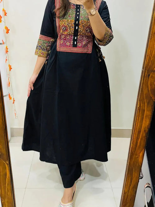 Women's Black Cotton Anarkali Kurta Pant Set with Embroidered Yoke
