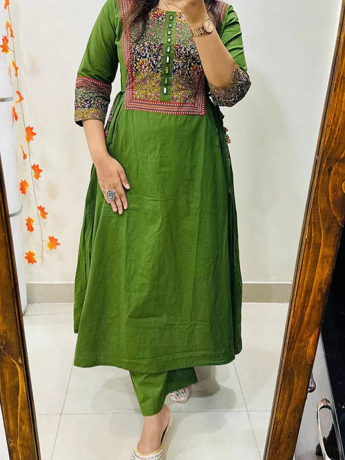 Women's Olive Green Cotton Anarkali Kurta Pant Set with Embroidered Yoke