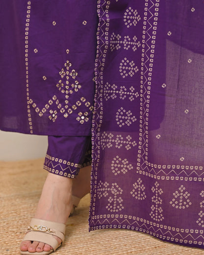Purple Printed Kurta Pant Set with Dupatta for Women