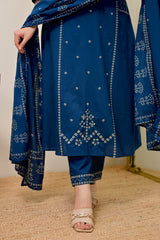 Teal Blue Printed Kurta Pant Set with Dupatta for Women
