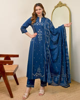 Teal Blue Printed Kurta Pant Set with Dupatta for Women
