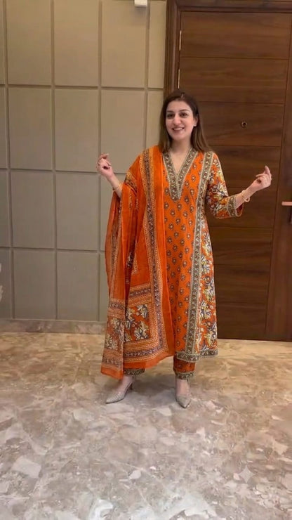 Orange Printed Chanderi Silk Anarkali Suit Set with Dupatta