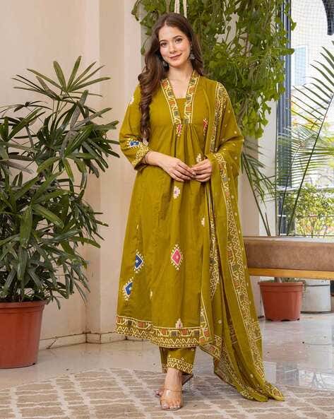 Yellow Printed Chanderi Silk Anarkali Suit Set with Dupatta