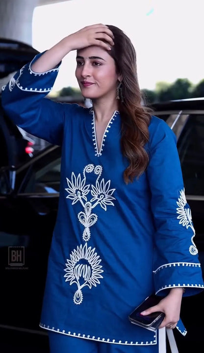 Royal Blue Embroidered Kurta Pant Set for Women