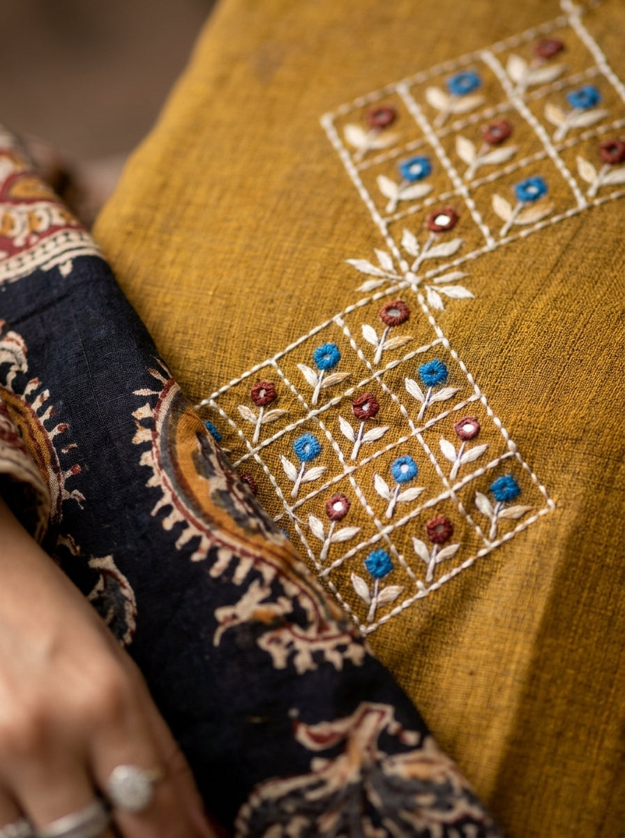 Handloom South Cotton Embroidered Kurta Set | 3-Piece Suit with Mulmul Dupatta | Ethnic Wear for Women