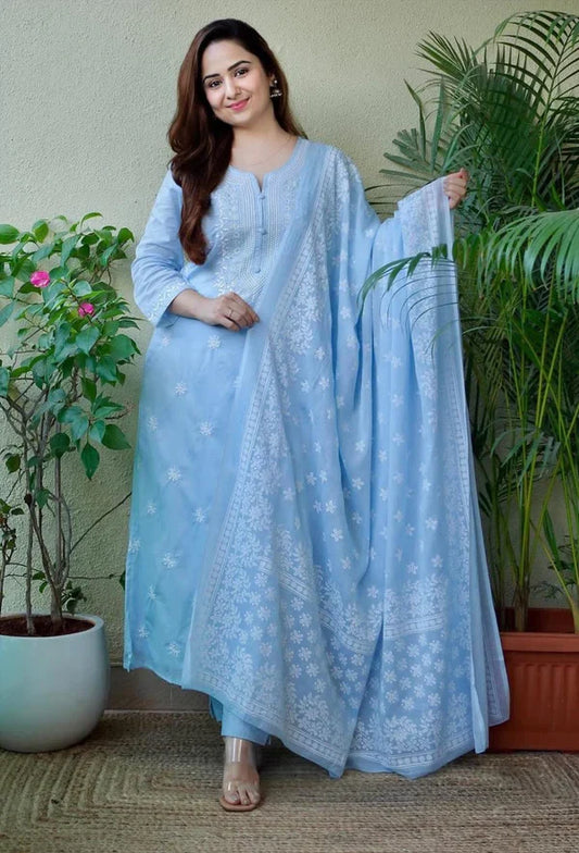 Blue Embroidered Straight Kurta Set with Pants & Dupatta