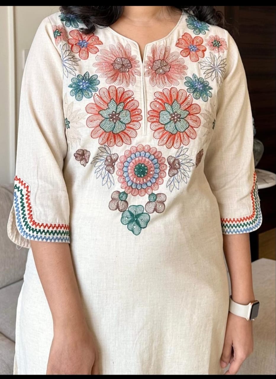 Off White Embroidered Cotton Flex Kurta And Pant Set