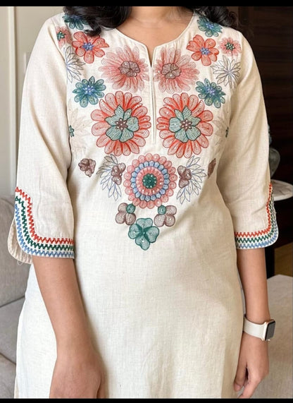 Off White Embroidered Cotton Flex Kurta And Pant Set