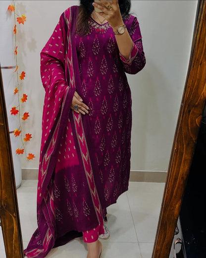Magenta Ikat Print Suit Set With Dupatta