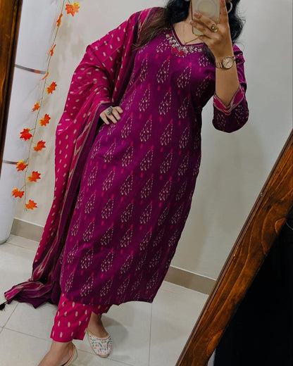 Magenta Ikat Print Suit Set With Dupatta