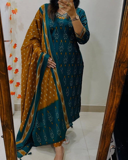 Premium Ajrak Cotton Suit Set – Teal & Mustard Ikat Print | Kurti, Pant & Dupatta