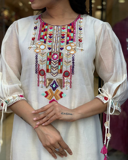 Elegant White Kurta Set with Multicolor Embroidery and Dupatta