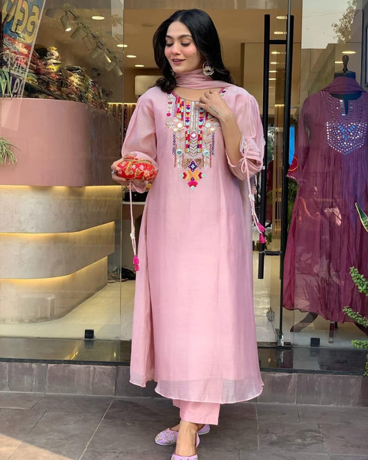 Blush Pink Kurta Set with Colorful Embroidered Yoke and Dupatta