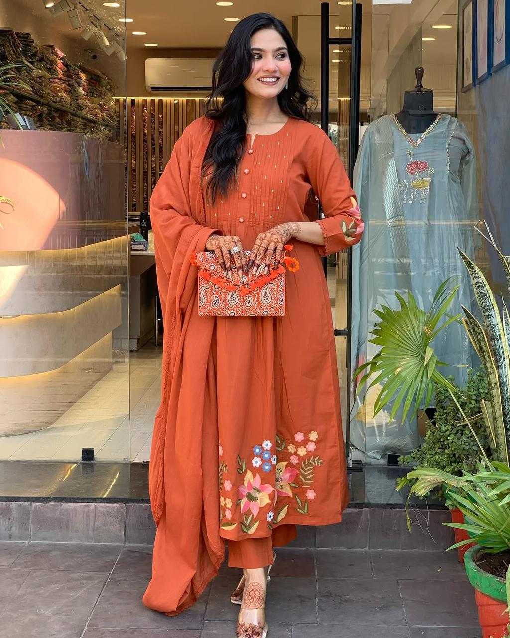 Rust Orange Embroidered Cotton Kurta Set with Dupata