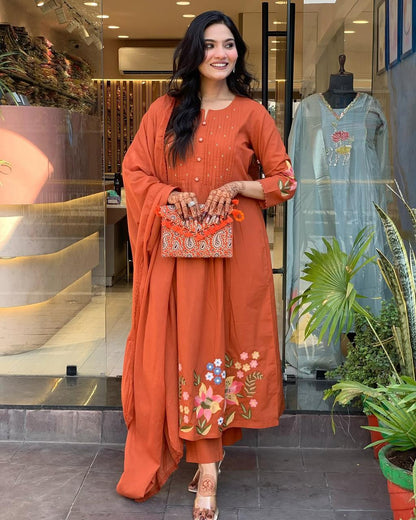 Rust Orange Embroidered Cotton Kurta Set with Dupata