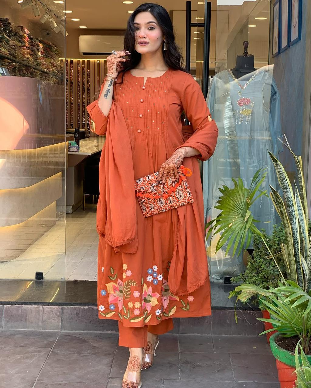 Rust Orange Embroidered Cotton Kurta Set with Dupata