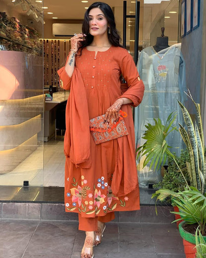 Rust Orange Embroidered Cotton Kurta Set with Dupata
