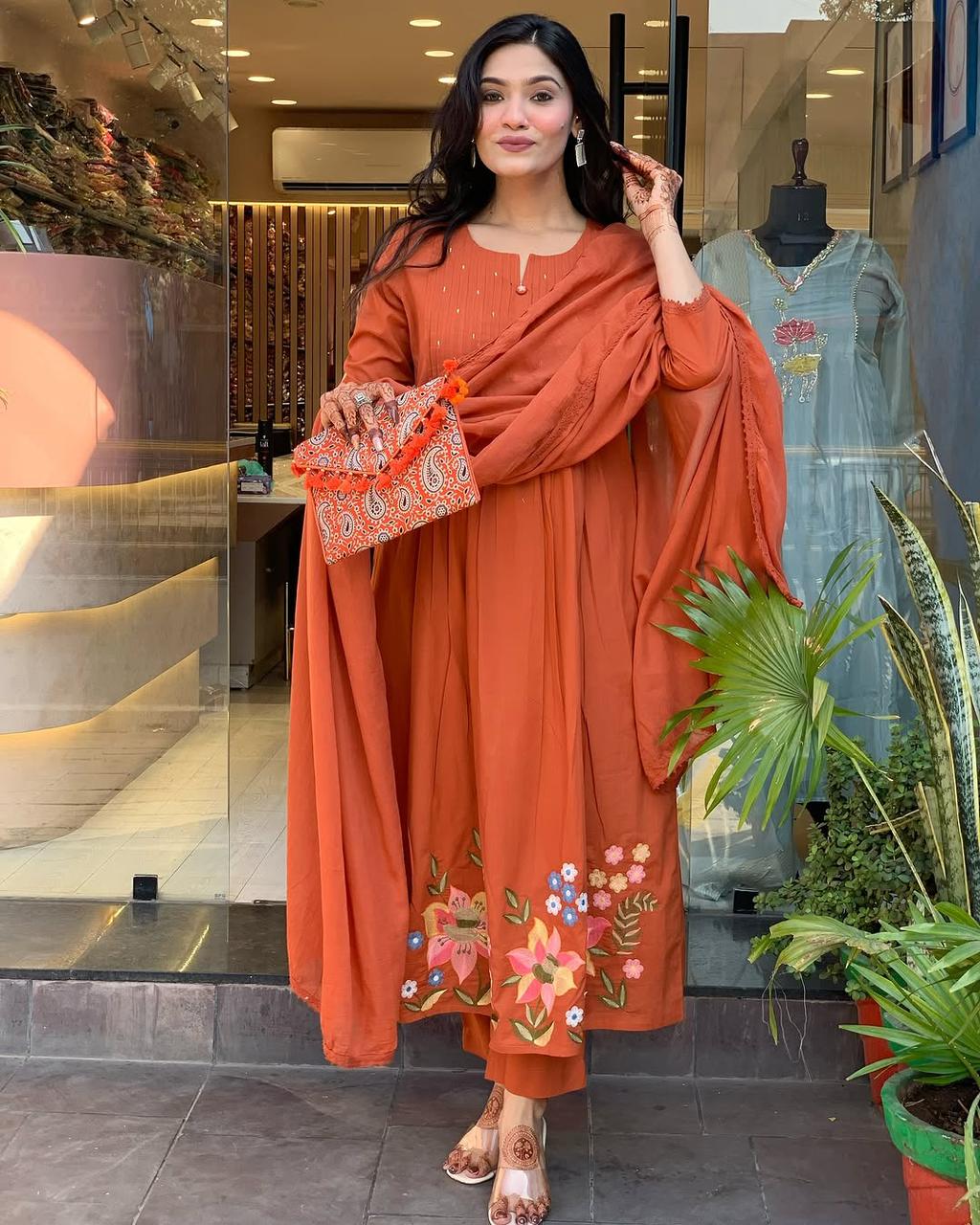 Rust Orange Embroidered Cotton Kurta Set with Dupata